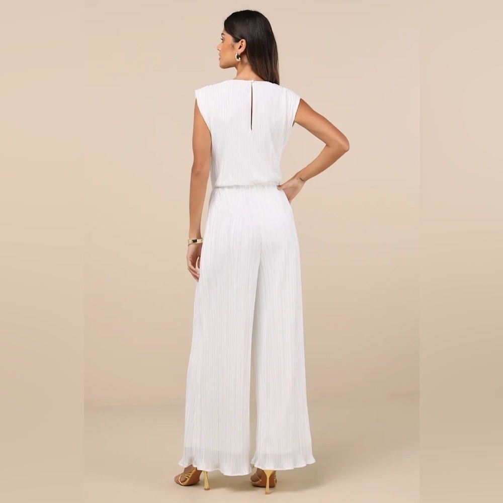 Lulus Firenze White Plisse Surplice Sleeveless Wide-Leg Jumpsuit - Picture 2 of 7